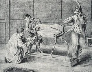 Präparation: Präparatoren bereiten das künstliche Skelett in der Werkstatt vor, Gravur aus "Exkursion durch die Berufe" von Pierre Calmette, Privatsammlung