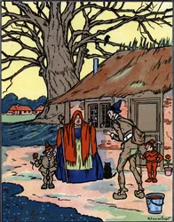 Die Flucht von Picrochole, der eine alte Hexe trifft. Illustration von Pierre Couselles aus „Gargantua“ von François Rabelais