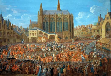König Ludwig XV. (1710-1774) verlässt das Bett der Gerechtigkeit im Palais de Justice in Paris am 12.09.1715