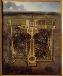 Perspektivische Ansicht eines Schlosses und eines französischen Parks