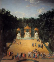 Ansicht des Hains der Bäder des Apollon in den Gärten von Versailles im Jahr 1713, im Vordergrund Ludwig XIV. (1638-1715)