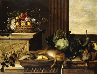 Obst in einem Weidenkorb mit Feigen auf einem Sockel, erlegtes Wild, ein Kohl, eine Melone, ein Kürbis und eine Artischocke auf einem steinernen Sims, ein Fenster dahinter