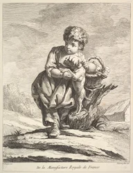 Kind mit einem Hund, hält einen Korb mit Trauben, aus Premier Livre de Figures daprès les po..., 1757