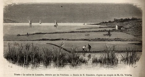 Die Saline von Lusandra, in der Nähe von Triest, zerstört von den Venezianern, die sie als gefährliche Konkurrenz zum Monopol betrachteten, das sie in der Adria ausübten, Gravur von E. Grandsire zur Illustration der Reise nach Istrien und Dalmatien 1874 vo