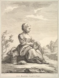 Kleines Mädchen, das Trauben hält, mit einem Korb davon an ihrer Seite, aus Deuxième Livre de..., nach 1757