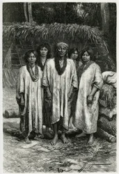 Häuptling Lacandon und Lacandon-Typen, Maya-Volk, das in den Dschungeln von Chiapas (Mexiko) lebt. Gravur von P. Fritel, zur Illustration der Geschichte „Reise nach Yucatan und das Land der Lacandons“, 1882, von Désiré Charnay (1828-1915), Archäologe und F