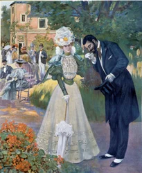 Belle Epoque: „Handsex“: ein Mann begrüßt eine Frau bei einem Empfang. Illustration von Jeanniot für „Le Figaro illustré“ Anfang des 20. Jahrhunderts Paris, Decorative Arts