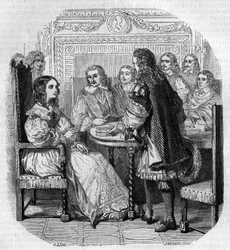 Besuch von Königin Christine von Schweden (1626-1689) bei der Académie Française in Paris in Anwesenheit von Kardinal Richelieu. Gravur von G. Staal