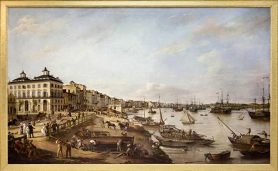 Ansicht eines Teils des Hafens und der Docks von Bordeaux, bekannt als die Chartrons und Bacalan, Öl auf Leinwand, 1804 von Pierre Lacour Père