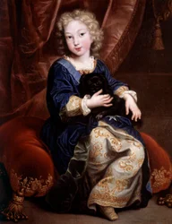 Porträt von Philippe von Frankreich, Herzog von Anjou (1683-1746) mit seinem schwarzen Hund