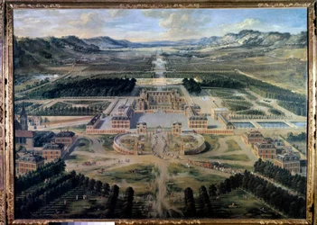 Ansicht des Schlosses und der Gärten von Versailles, von der Pariser Allee aus gesehen