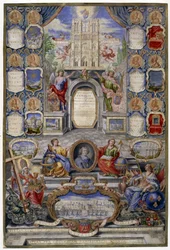 Allegorie der Kirche von Paris anlässlich der Aufhebung des Edikts von Nantes am 18.10.1685, der Vater von Jouvency hielt im Dezember 1685 eine Predigt am College von Clermont, im Medaillon der Erzbischof von Paris, Harlay de Chanvallon, der ermutigte