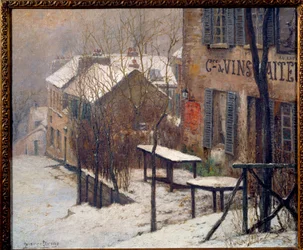 Das Kabarett im agilen Kaninchen in Montmartre im Jahr 1890. Blick auf Paris im Schnee im Winter. Gemälde von Pierre Prins (1838-1913)