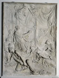 Flachrelief der Pest von Mailand - Heiliger Karl Borromäus (San Carlo Borromeo) (1538-1584, Kardinal und Erzbischof von Mailand) beim Beten (Marmor)