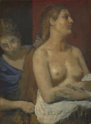Eine Magd kämmt das Haar einer Frau, ca. 1883
