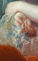 Hand einer jungen Frau, die einen blühenden Zweig hält. Detail des Porträts von Madame Poulhariex und ihrer Tochter, um 1728