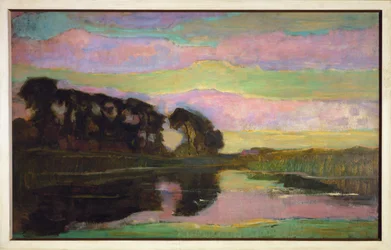 Landschaft mit Baumreihe links