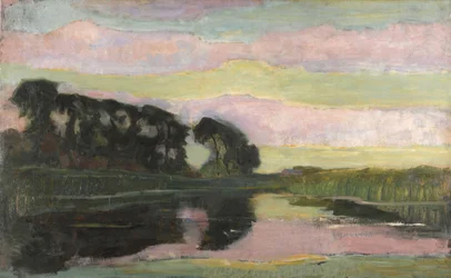 Flusslandschaft mit rosa und gelbgrünem Himmel, ca. 1907-1908