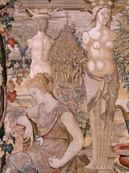 Flämischer Wandteppich. Serie Vertumnus und Pomona. Vertumnus verwandelt in eine alte Frau. Sechster Wandteppich der Serie. Modell Kreis von Pieter Coecke van Aelst. Herstellung Wilhelm Pannemaker, Brüssel. Ca. 1545-1550.