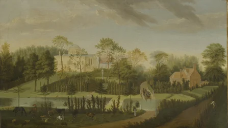 Blick auf die Terrasse über den Kanal zur Seite der Villa, Chiswick Villa
