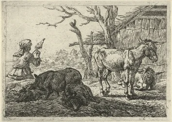 Spinnende Frau, Schweine und Esel (Verschiedene Tiere)