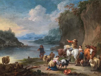 Treiber und ihre Herde ruhen am Fluss