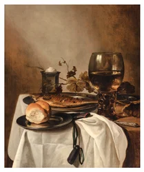 Ein Brötchen, Hering, silberner Salzstreuer, großer Römer und Messer auf einem drapierten Tisch, ca. 1644