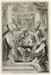 Weihe des Bischofs von Noyon mit Pfingstszene darüber