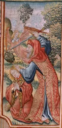 Flämischer Wandteppich. Serie Episoden aus dem Leben der Jungfrau Maria; Darstellung im Tempel. Zweiter Wandteppich der Serie. Modelle zugeschrieben Jan van Roome (oder van Brussel). Herstellung Pieter van Aelst, Brüssel. Ca. 1502-1504.