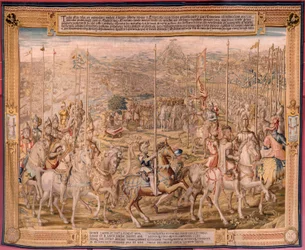 Flämischer Wandteppich. Serie Die Eroberung von Tunis; Truppeninspektion in Barcelona. Zweiter Wandteppich der Serie. Modell Jan Vermeyen und Pieter Coecke van Aelst. 1543-1548. Herstellung Königliche Teppichmanufaktur von Sant