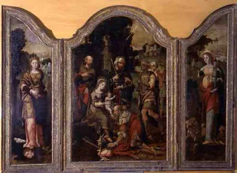 Triptychon, das die Anbetung der Heiligen Drei Könige und zwei Heilige darstellt