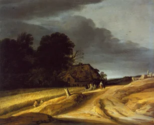 Landschaft mit Feldweg und Bauernhaus