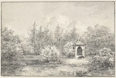 Ansicht im Park von Leiduin, mit Häuschen zwischen den Bäumen