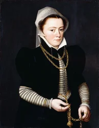 Porträt einer Dame, stehend, kleine dreiviertel Länge, in gestreiftem Mieder und schwarzem Mantel, eine Pomander an einer Goldkette haltend