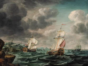 Ein niederländisches Kriegsschiff und Handelsschiffe vor einem felsigen Kap
