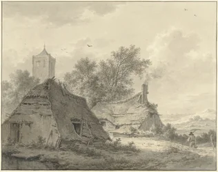 Landschaft mit zwei Bauernhöfen und einem Kirchturm
