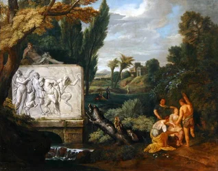 Eine klassische Landschaft mit tanzenden Mädchen bei einem Sarkophag, der den Triumph des Silenus darstellt
