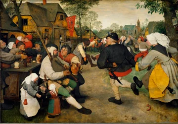 Bauerntanz. Ein Mann spielt neben einem Alkoholiker Dudelsack. Hinter ihnen befindet sich bei der Fahne ein Bordell, während die Dorfbewohner tanzen und sich vergnügen.