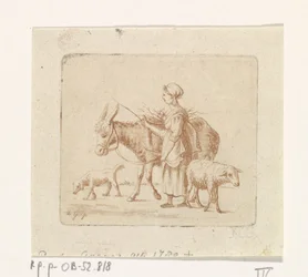 Hirtin mit Maultier, Schaf und Hund