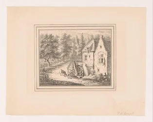 Landschaft mit Wassermühle und einer ziehenden Ziege an einem Seil
