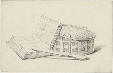 Stillleben mit Buch, Brieföffner und Körbchen