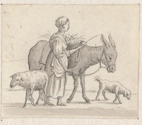 Frau mit Esel, Schaf und Hund