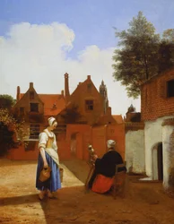 Hof in Delft am Abend: eine spinnende Frau