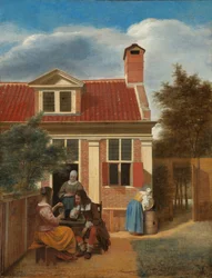 Figuren in einem Hof hinter einem Haus (Drei Frauen und ein Mann im Hof hinter einem Haus)