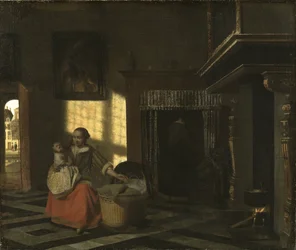 Innenraum mit einer Mutter nahe einer Wiege, von Pieter de Hooch