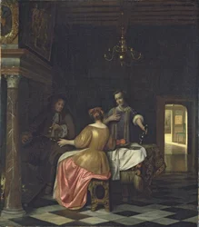 Interieur mit einem Gentleman und zwei Damen im Gespräch, ca. 1668-70