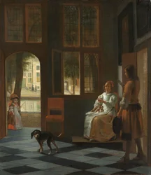 Mann überreicht einer Frau in der Eingangshalle eines Hauses einen Brief, 1670