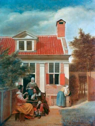 Drei Frauen und ein Mann in einem Hof hinter einem Haus, um 1657-1659