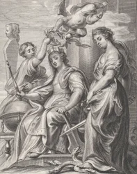 Allegorie der guten Regierung, in der Mitte sitzend und von einem Putto und einer Frau gekrönt, ca. 1640-74