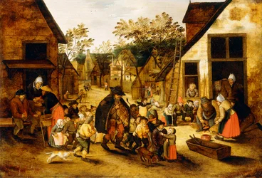 Ein blinder Drehleierspieler umgeben von Kindern in einem Dorf, um 1610